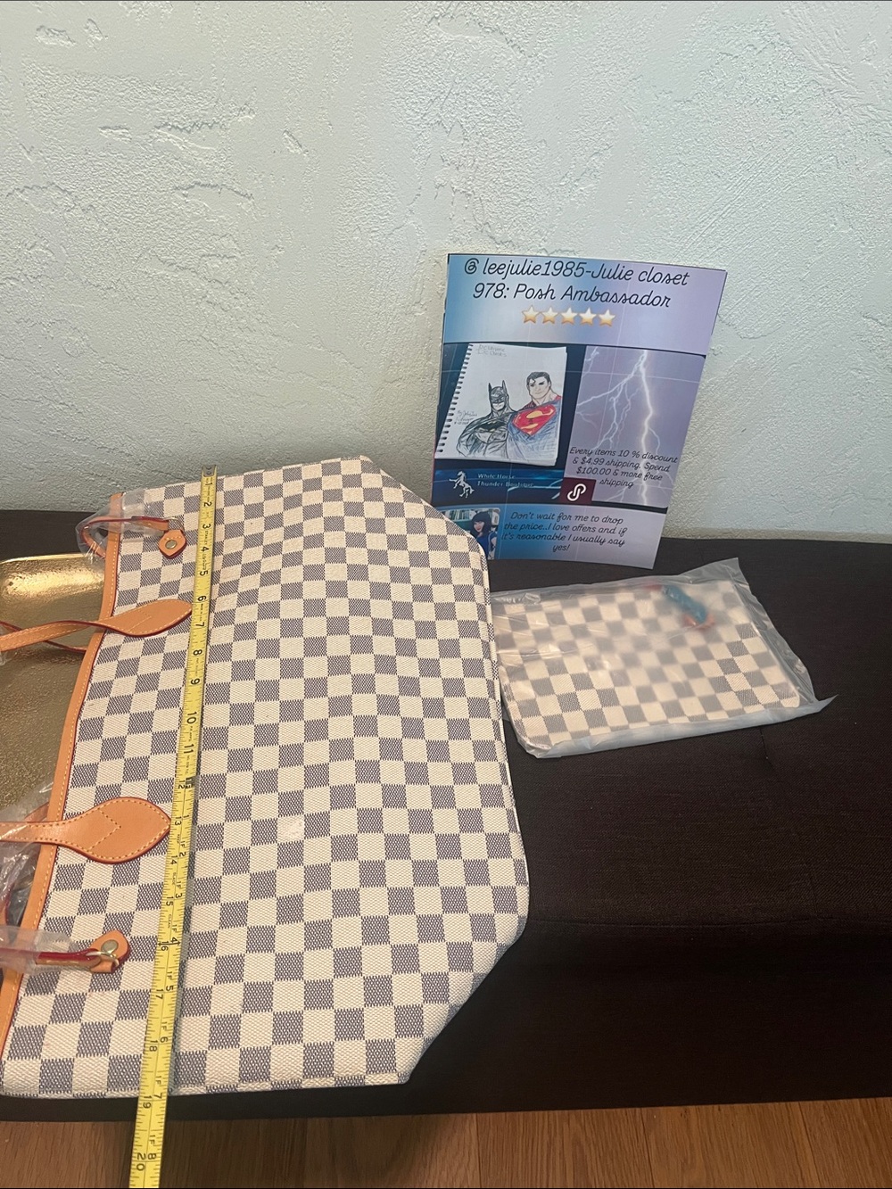 #2209”12x19” Yuxiang PijuW/Pouch”6x-10 inspired White/Gray Checkered Tote Bag - Picture 8 of 17